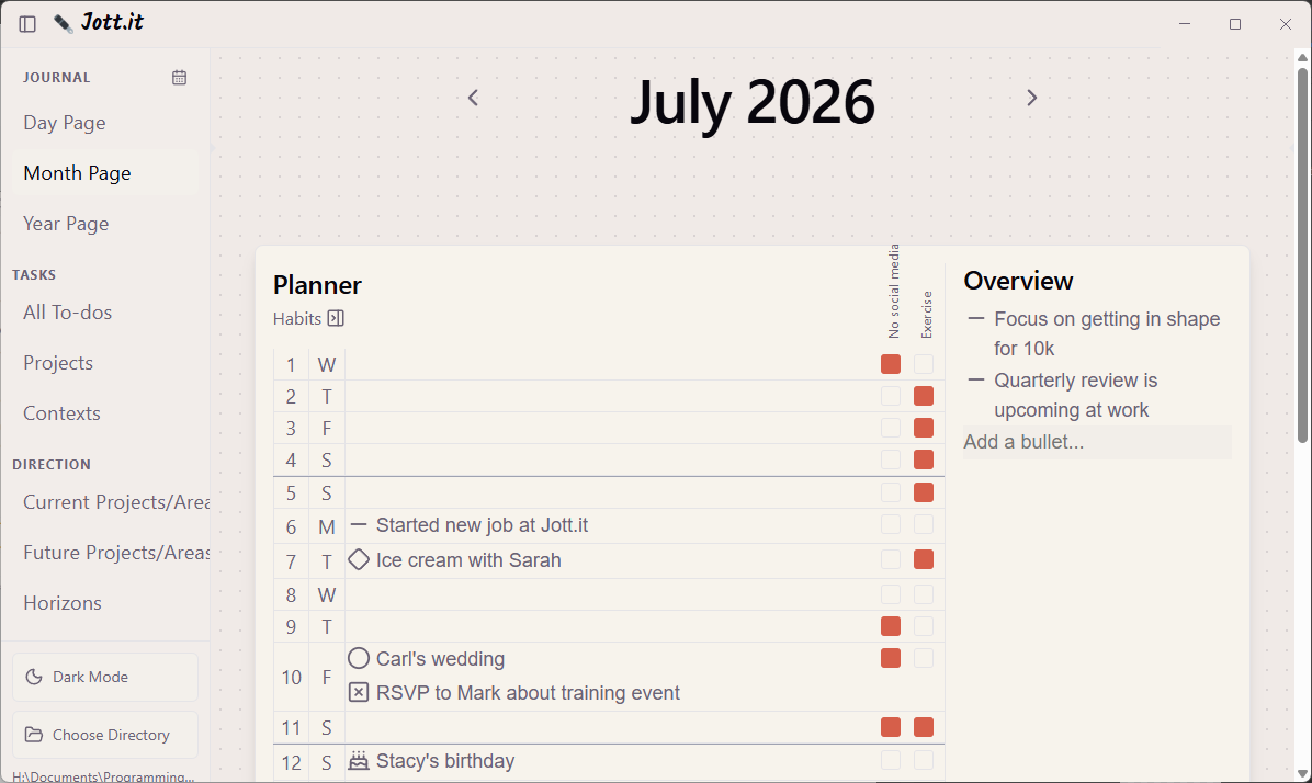 Jott.it month planner showing July 2026, scheduled tasks, habits, and an overview