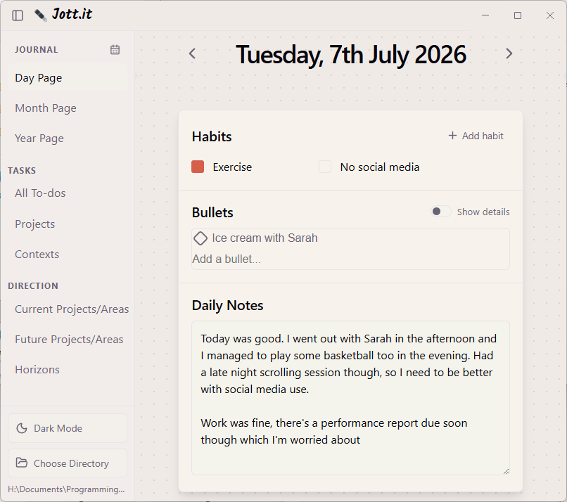 Jott.it daily page showing habits, bullets, and journal notes
