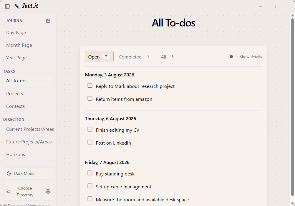 Jott.it All To-dos view showing upcoming tasks organized by date